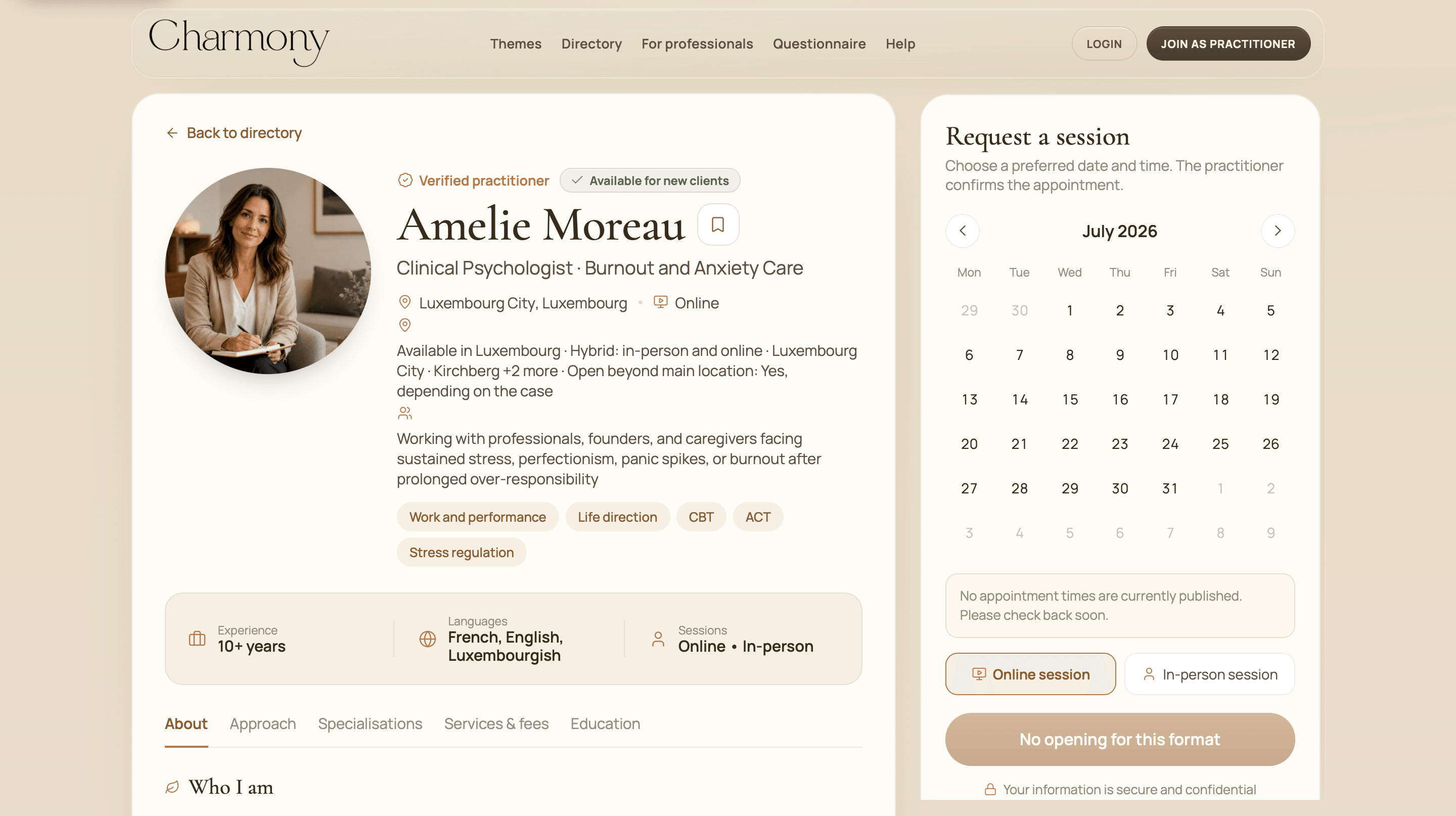 Harmony professional profile and appointment request displayed on an iPad