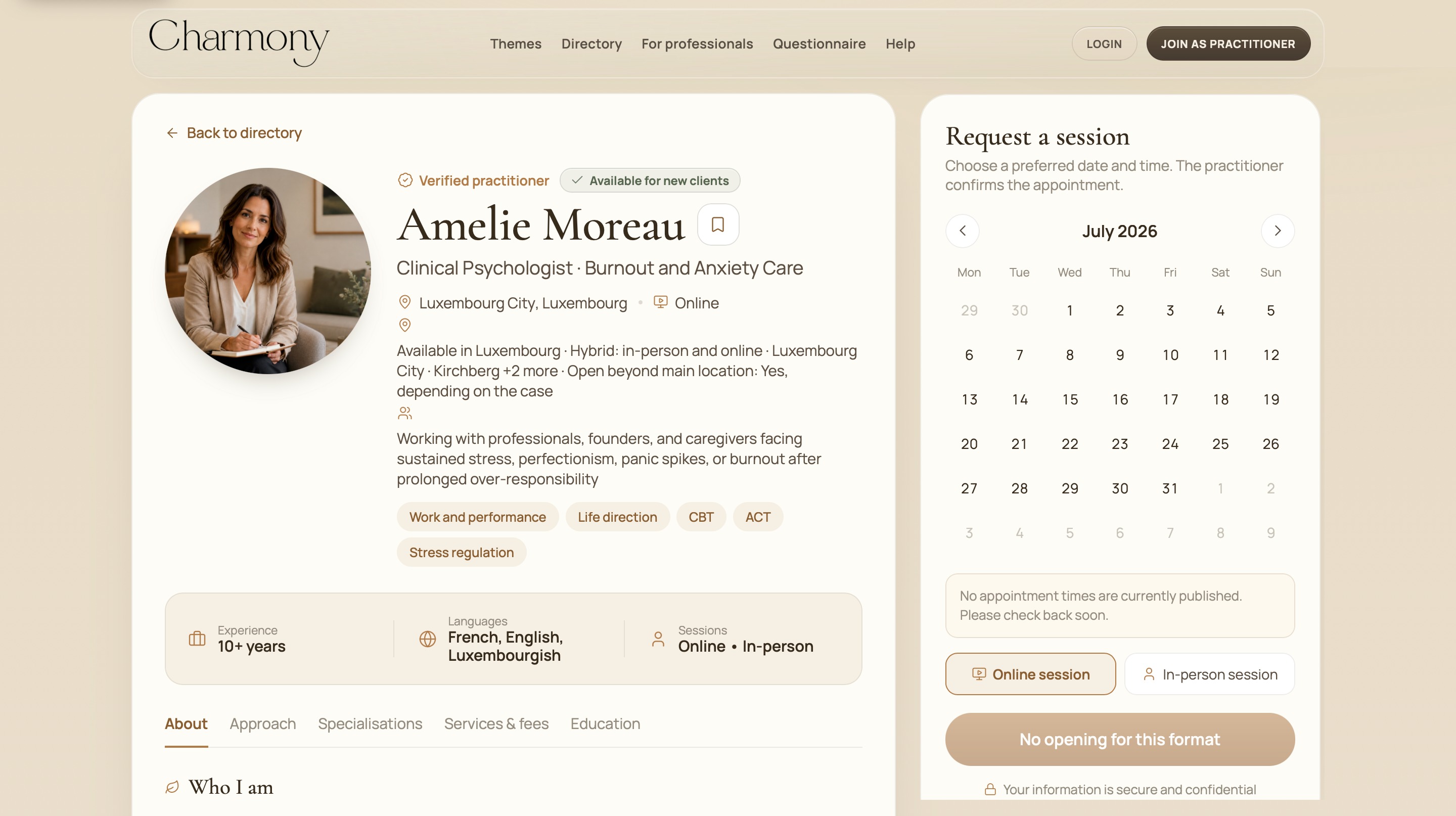 Illustrative Harmony practitioner dashboard concept displayed on a tablet