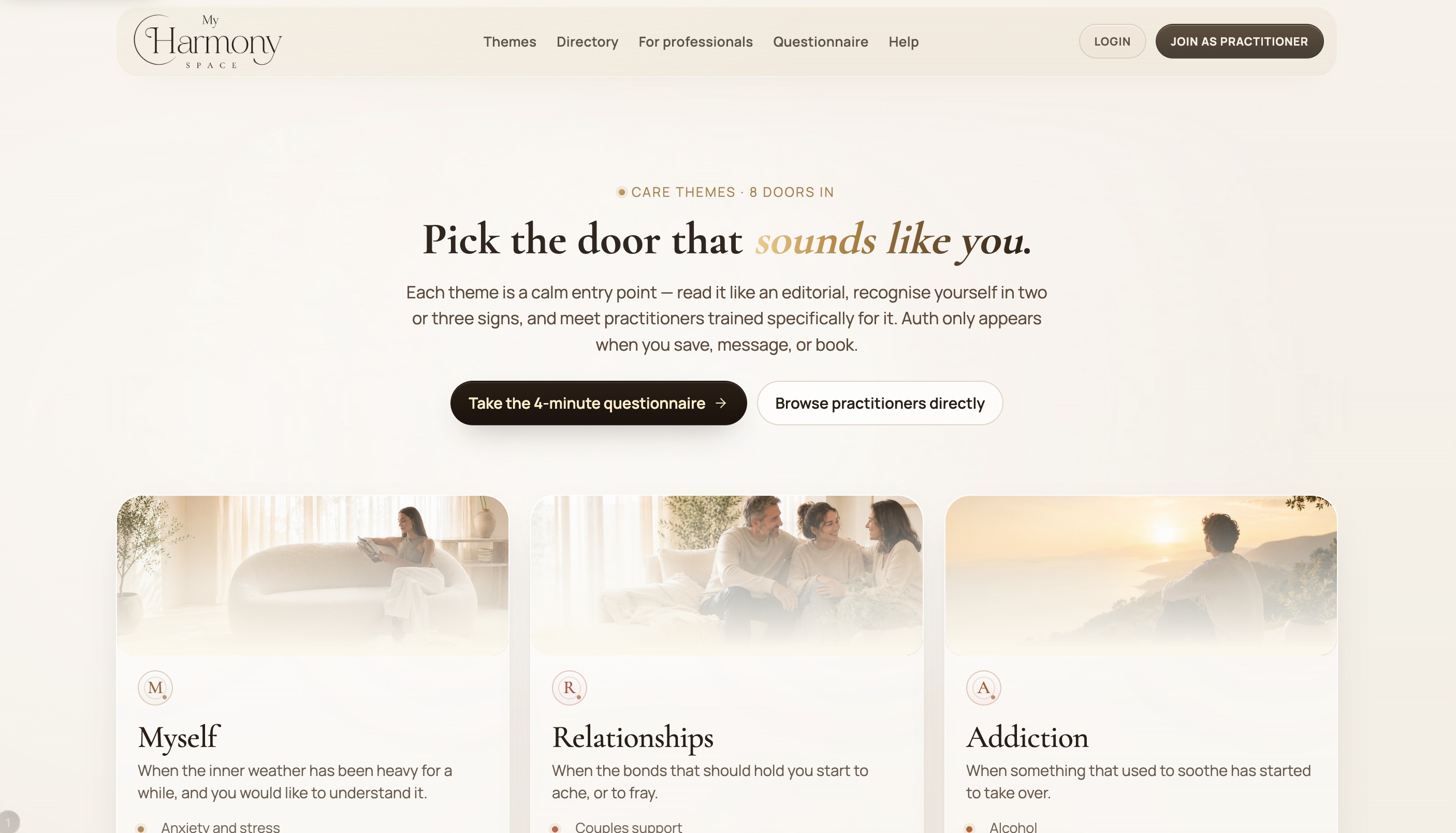 Illustrative Harmony life-theme discovery experience displayed on a tablet